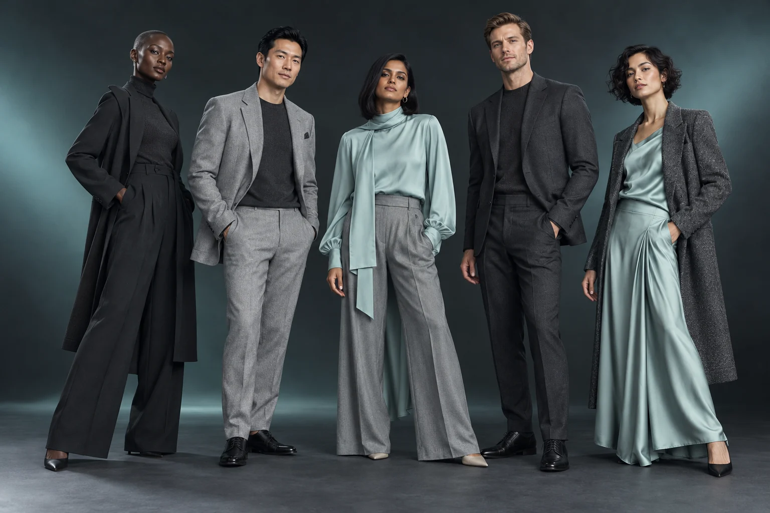 Five synthetic adult models standing together in contemporary charcoal, silver and aqua outfits.