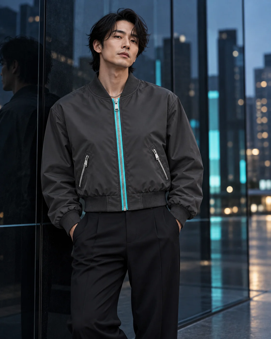 Adult model wearing the charcoal bomber jacket and dark trousers beside reflective city windows at dusk.