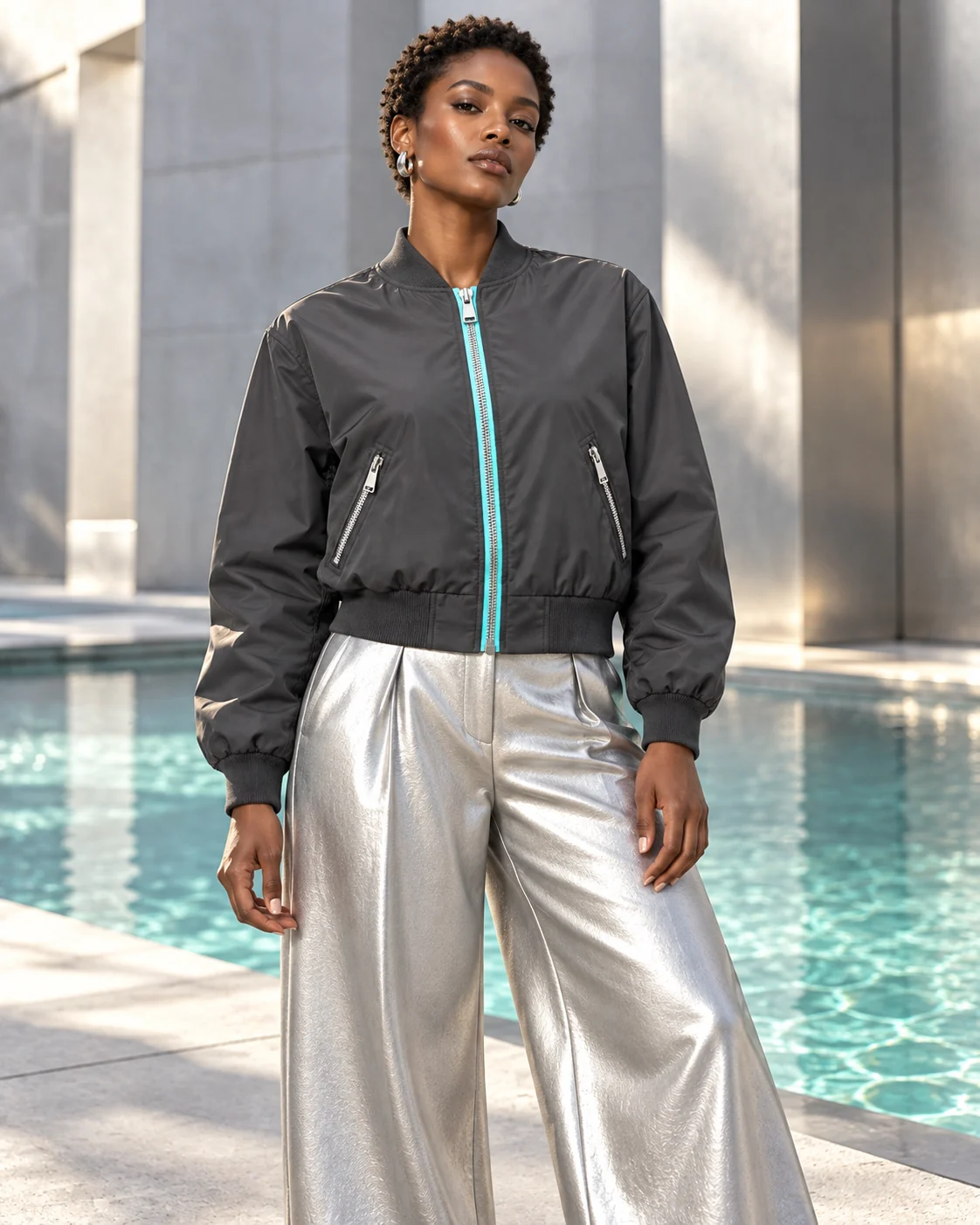 Adult model wearing the charcoal bomber jacket with silver trousers beside a sunlit courtyard pool.