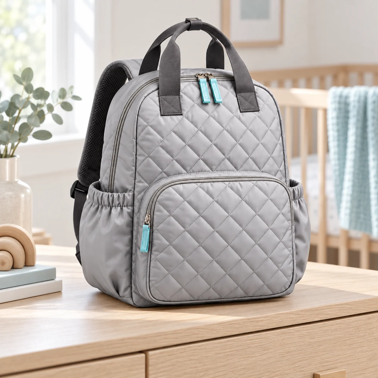 Silver-gray quilted changing backpack resting on a wooden cabinet in a softly lit nursery.