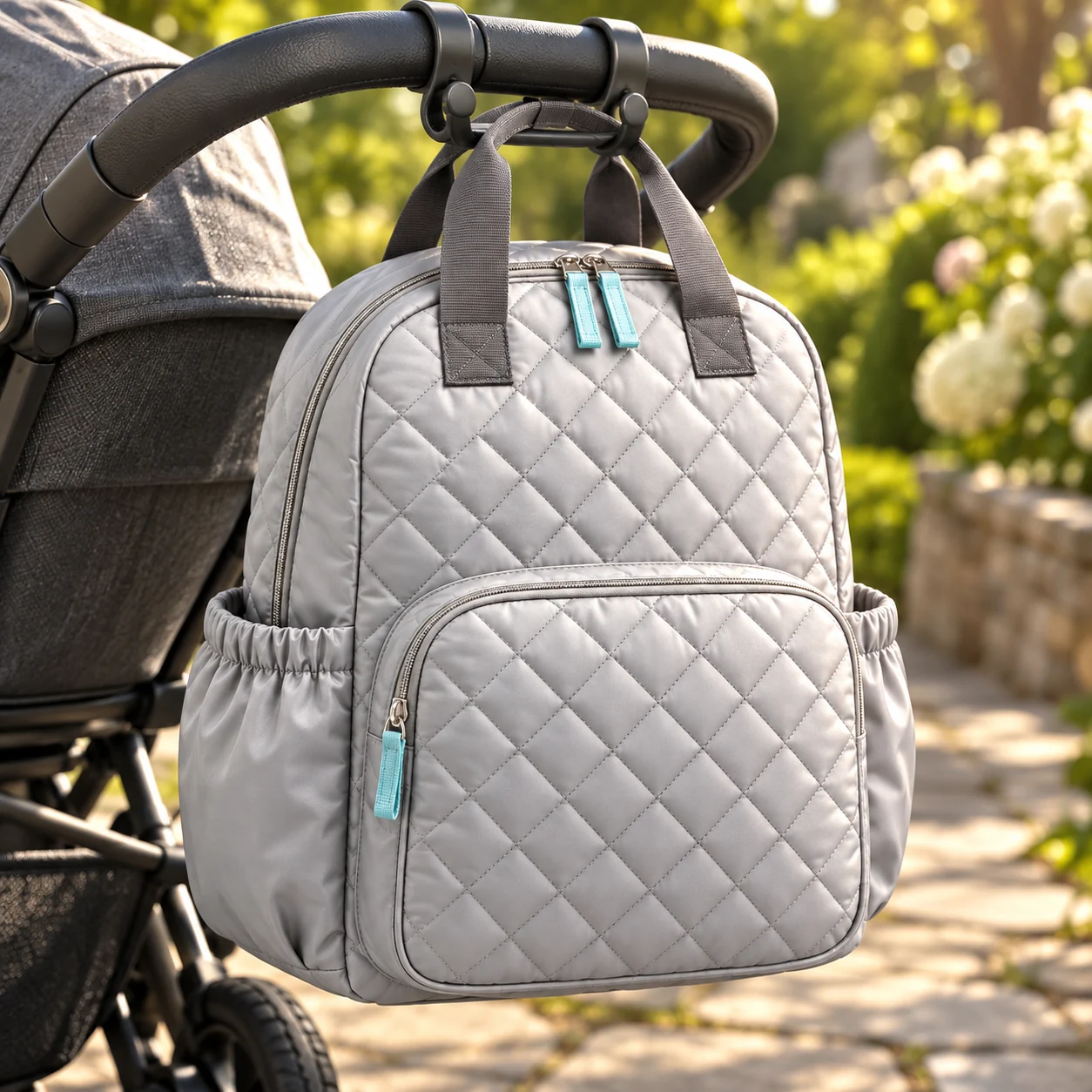 Silver-gray quilted changing backpack hanging from a stroller handle beside a garden path.
