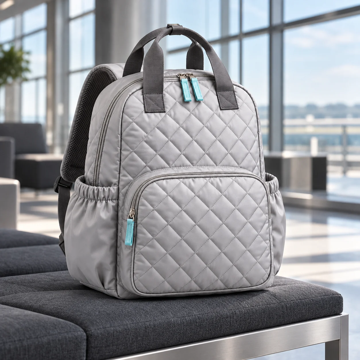 Silver-gray quilted changing backpack on an upholstered seat beside large terminal windows.