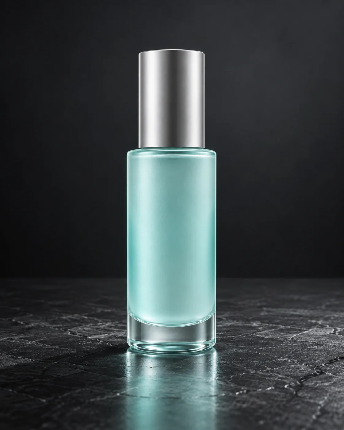 Aqua glass serum bottle with a silver cylindrical cap on dark stone.