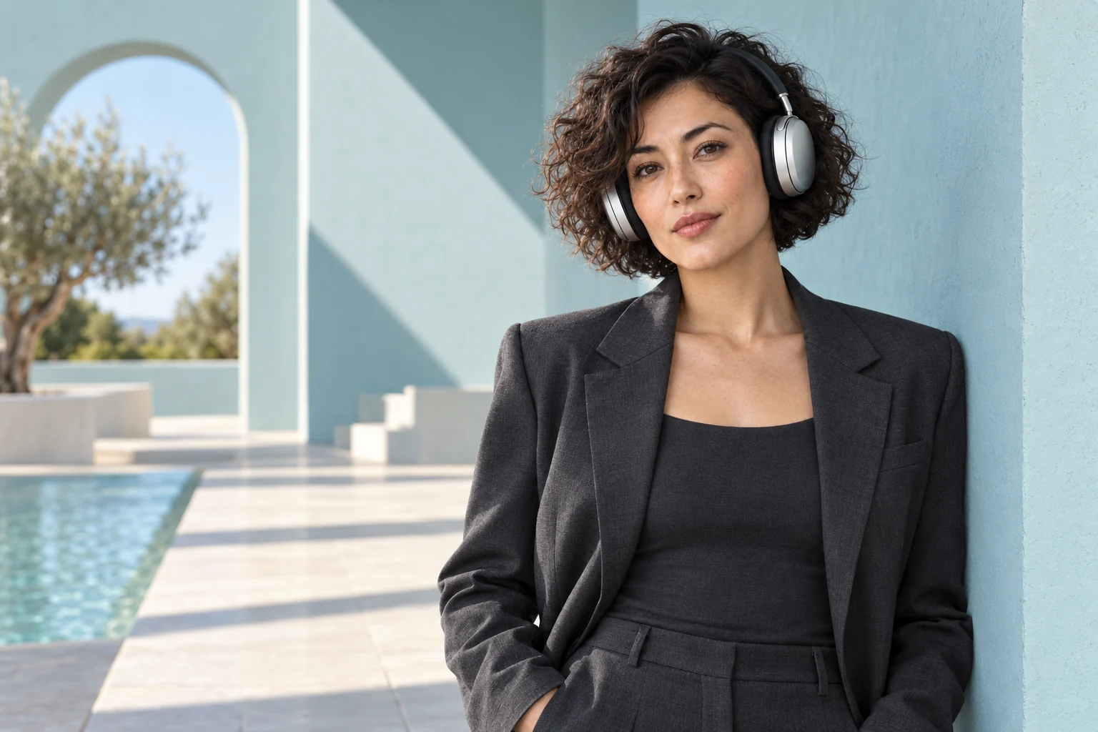 The same adult wearing silver headphones and a charcoal suit in a sunlit aqua courtyard.