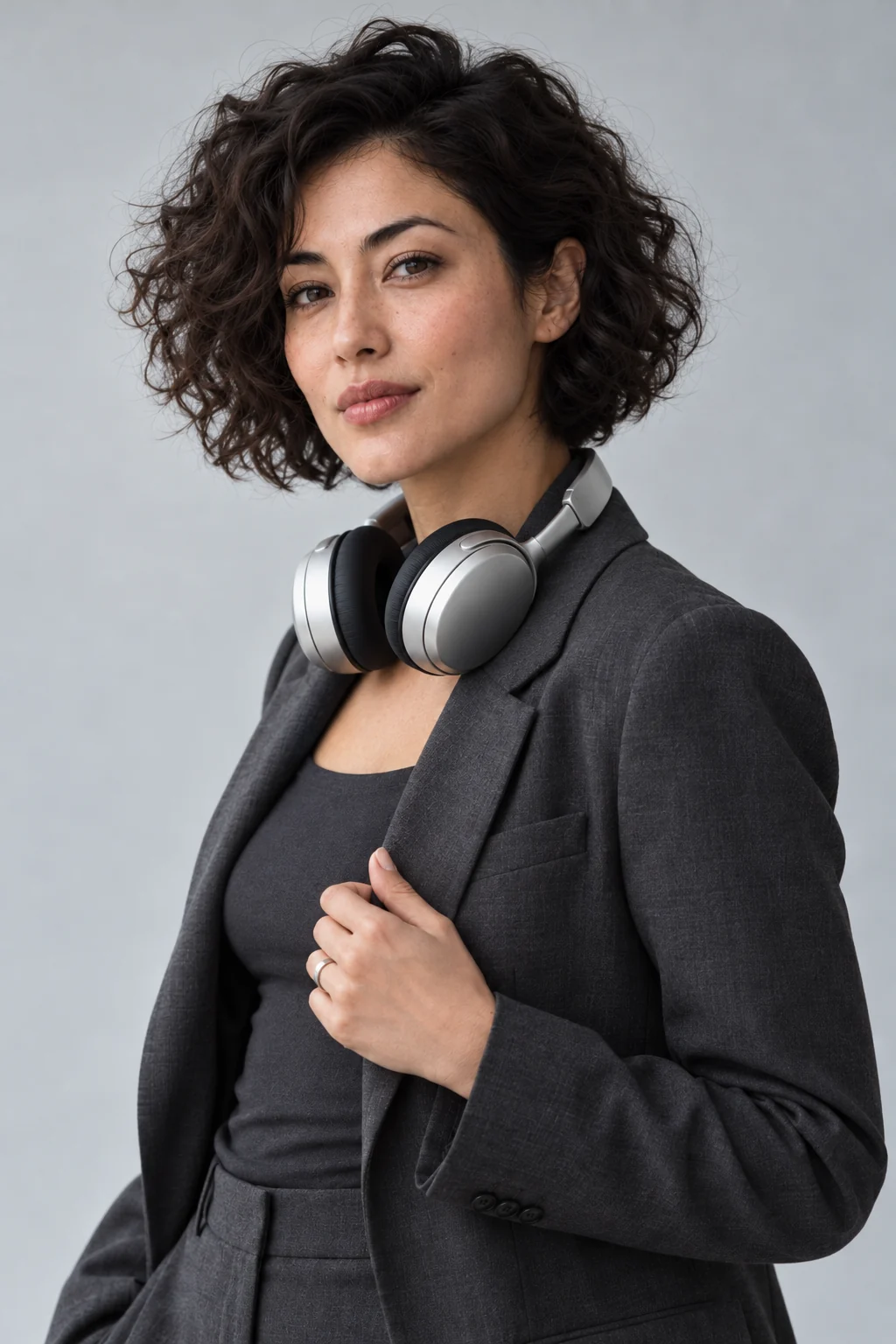The same synthetic adult in a three-quarter pose, wearing a charcoal suit and silver headphones around their neck.