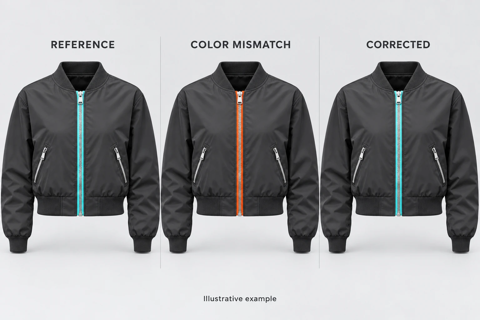 Three jacket panels compare an aqua reference zipper, an orange mismatch and an aqua corrected example.