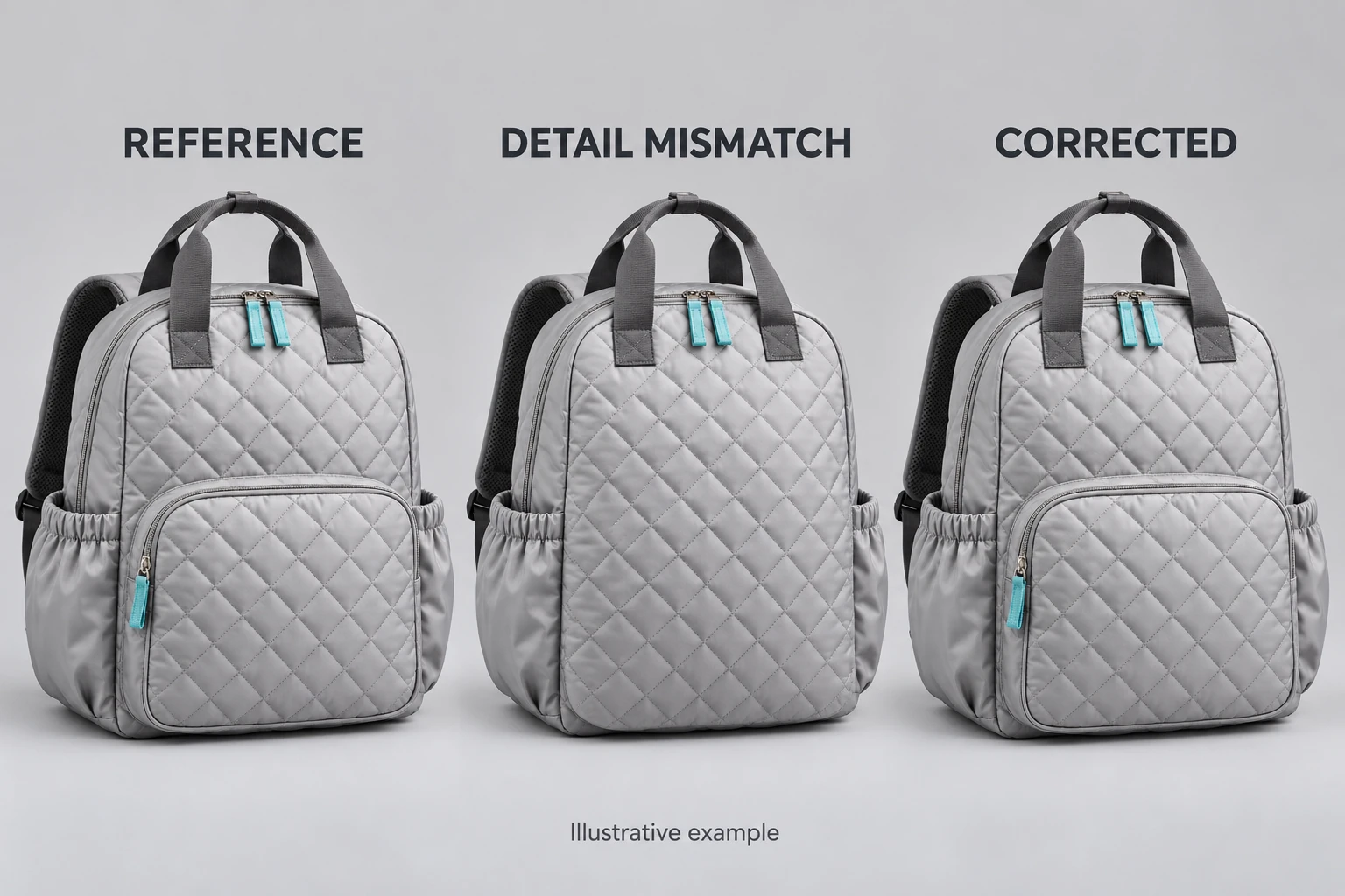 Three backpack panels compare the reference front pocket, an altered pocket shape and a corrected example.